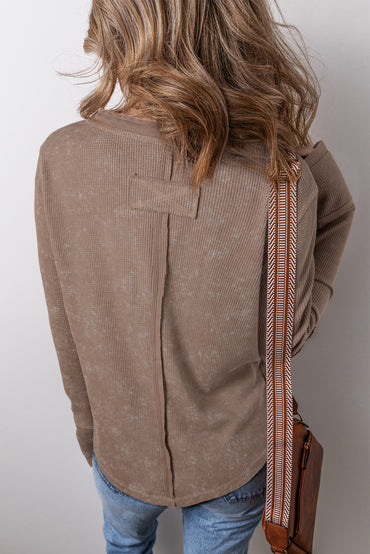 Trendy coffee acid wash waffle knit long sleeve top with buttoned neckline