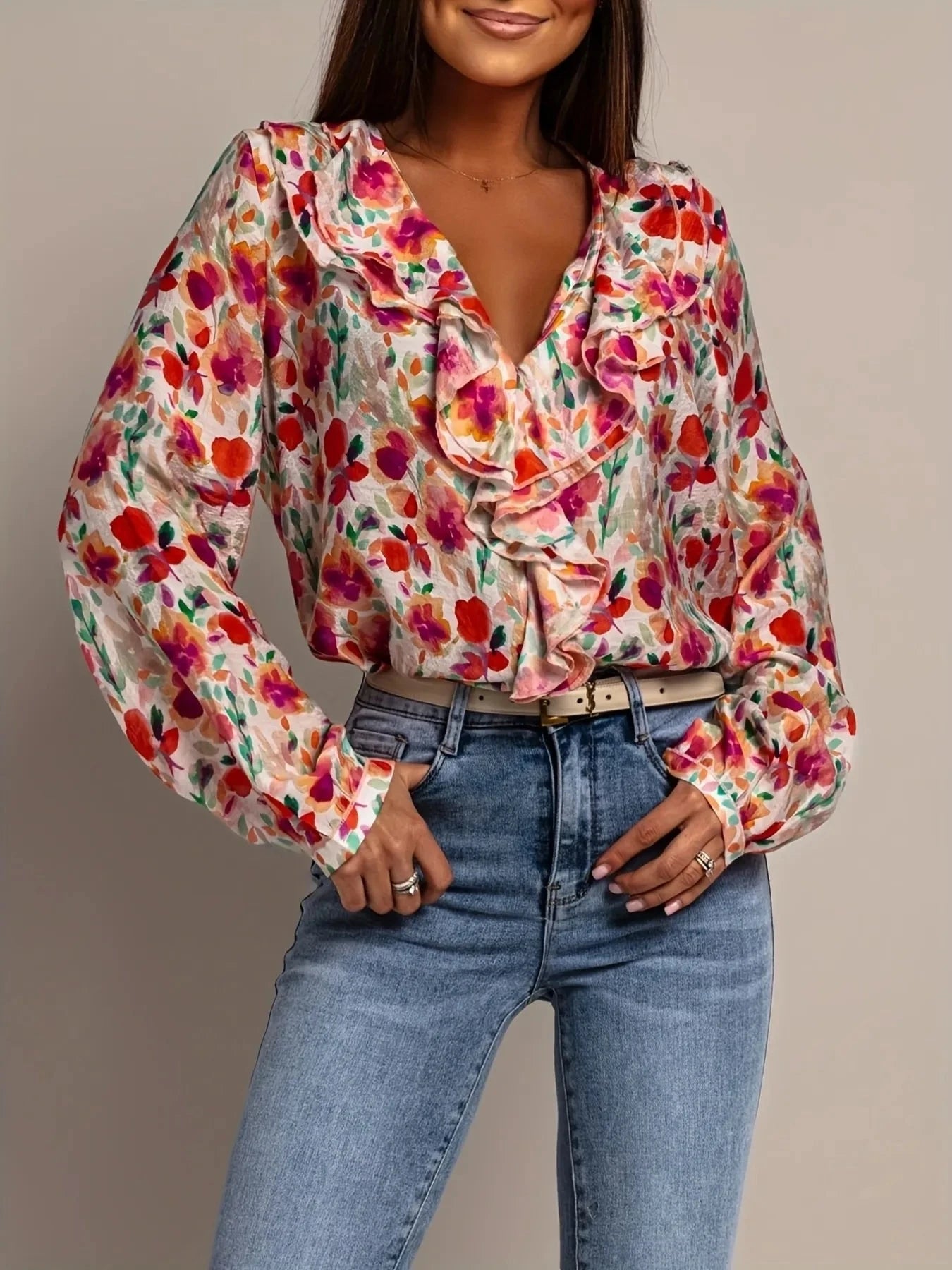 Floral Print Ruffle V-Neck Long Sleeve Blouse Coco’s Tee Boutique