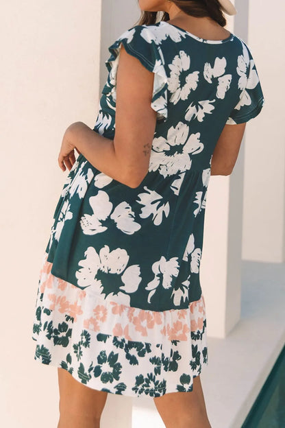 Floral Print Ruffle Sleeve Empire Waist Mini Dress