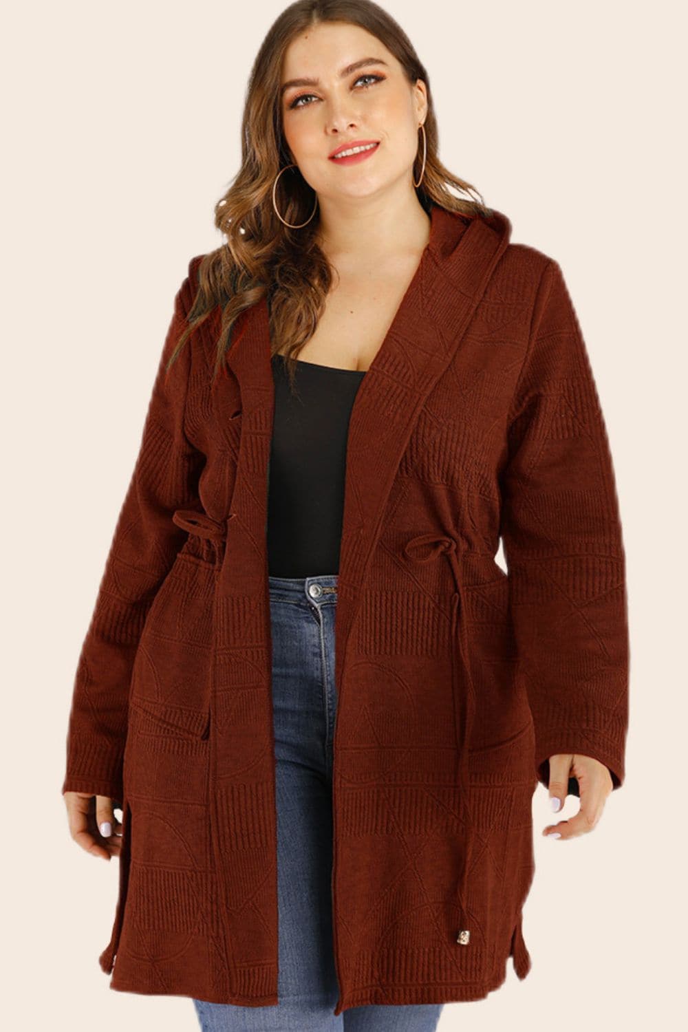 Plus Size Drawstring Waist Hooded Cardigan with Pockets.