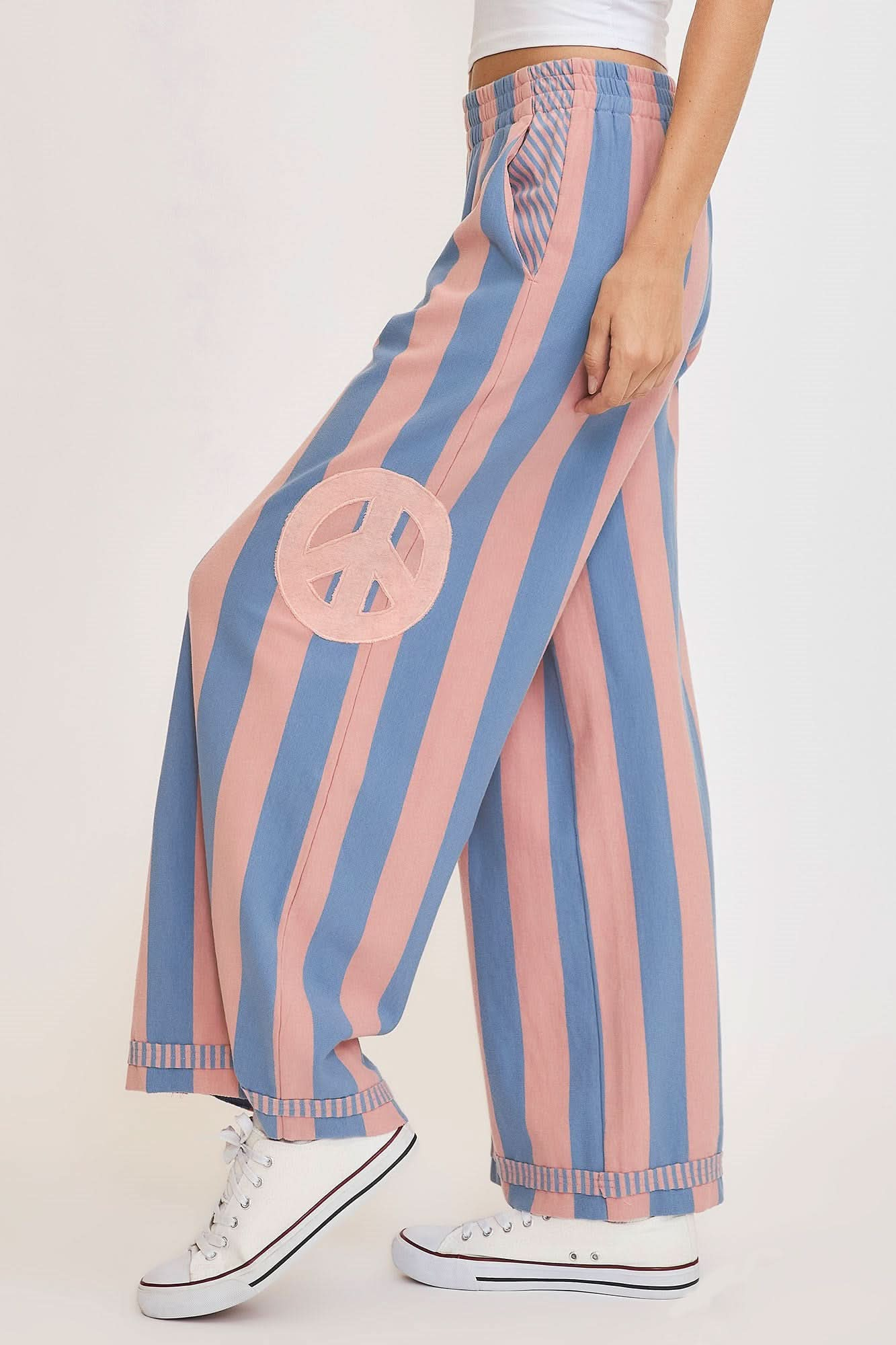 Peaceful Vibes Striped Wide Leg Trousers with Patch Detail