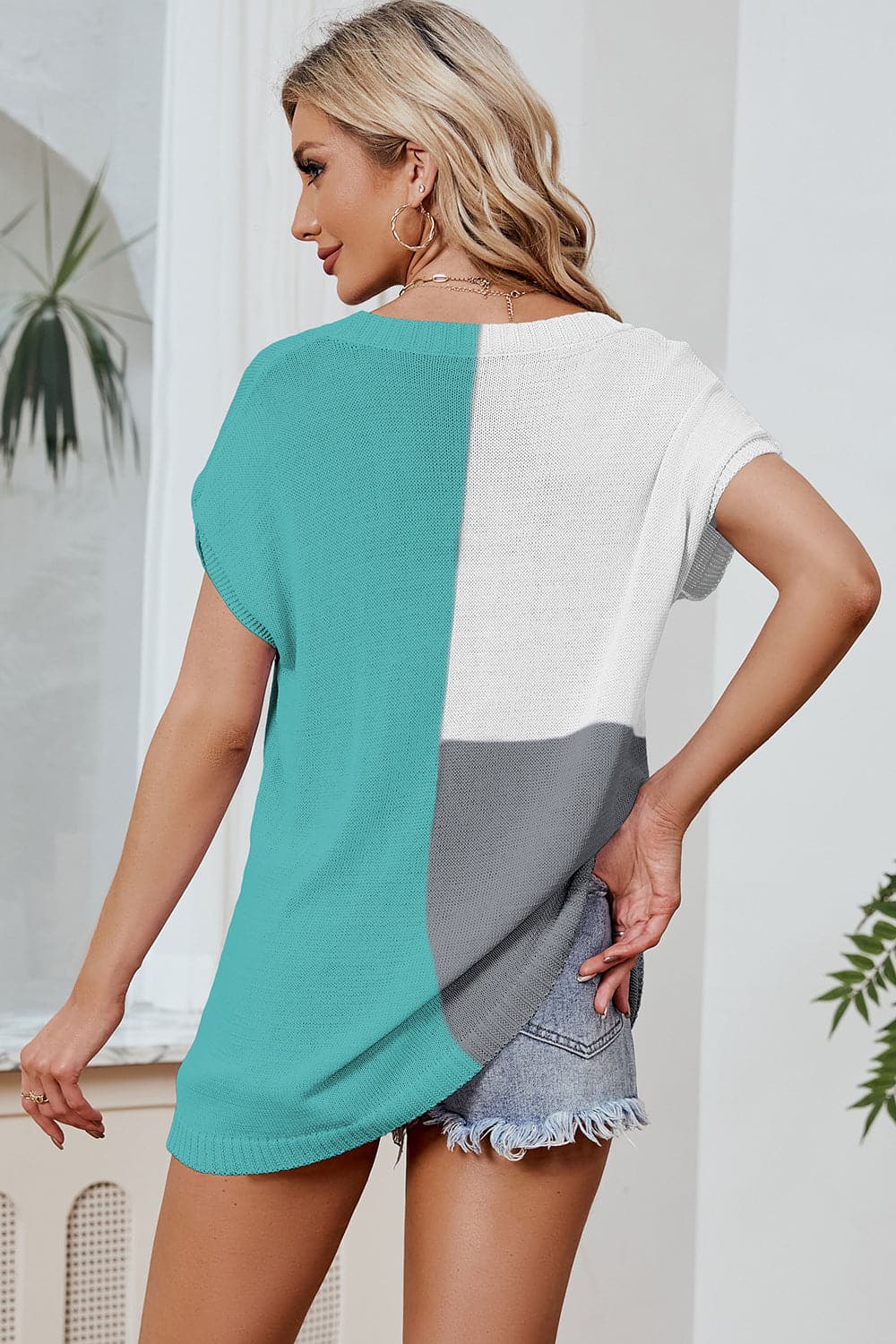 Color Block V-Neck Short Sleeve Knit Top.