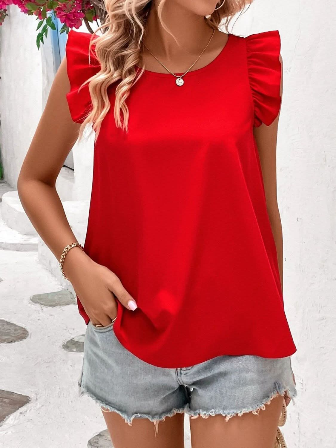 Ruffled Cap Sleeve Blouse with Crisscross Back