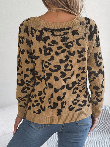 Leopard Buttoned Square Neck Sweater.