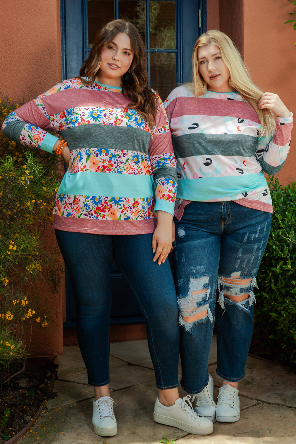 Stylish pink striped plus size colorblock pullover top