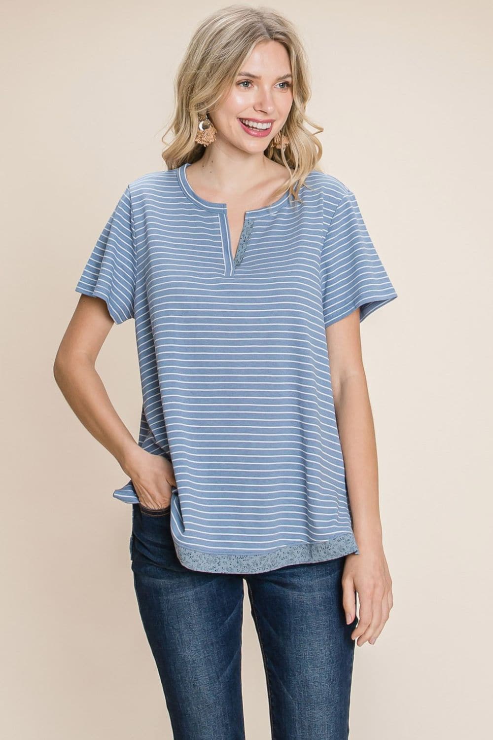 Cotton Bleu by Nu Lab Slit Striped Notched Short Sleeve T-Shirt.