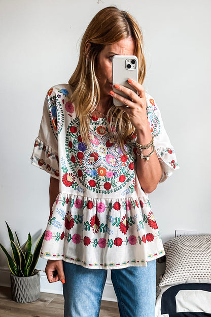 White Boho Floral Print Round Neck Ruffle Trim Blouse