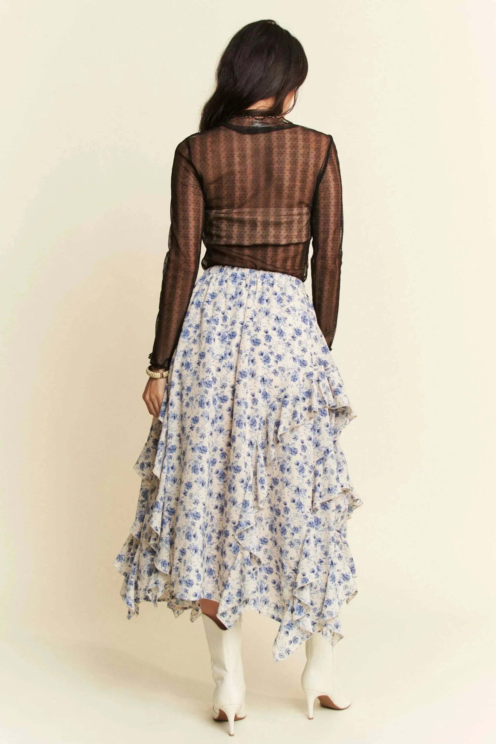 Davi & Dani Turtle Neck Lace Dotted Stretch Mesh Sheer Top - Love Salve 