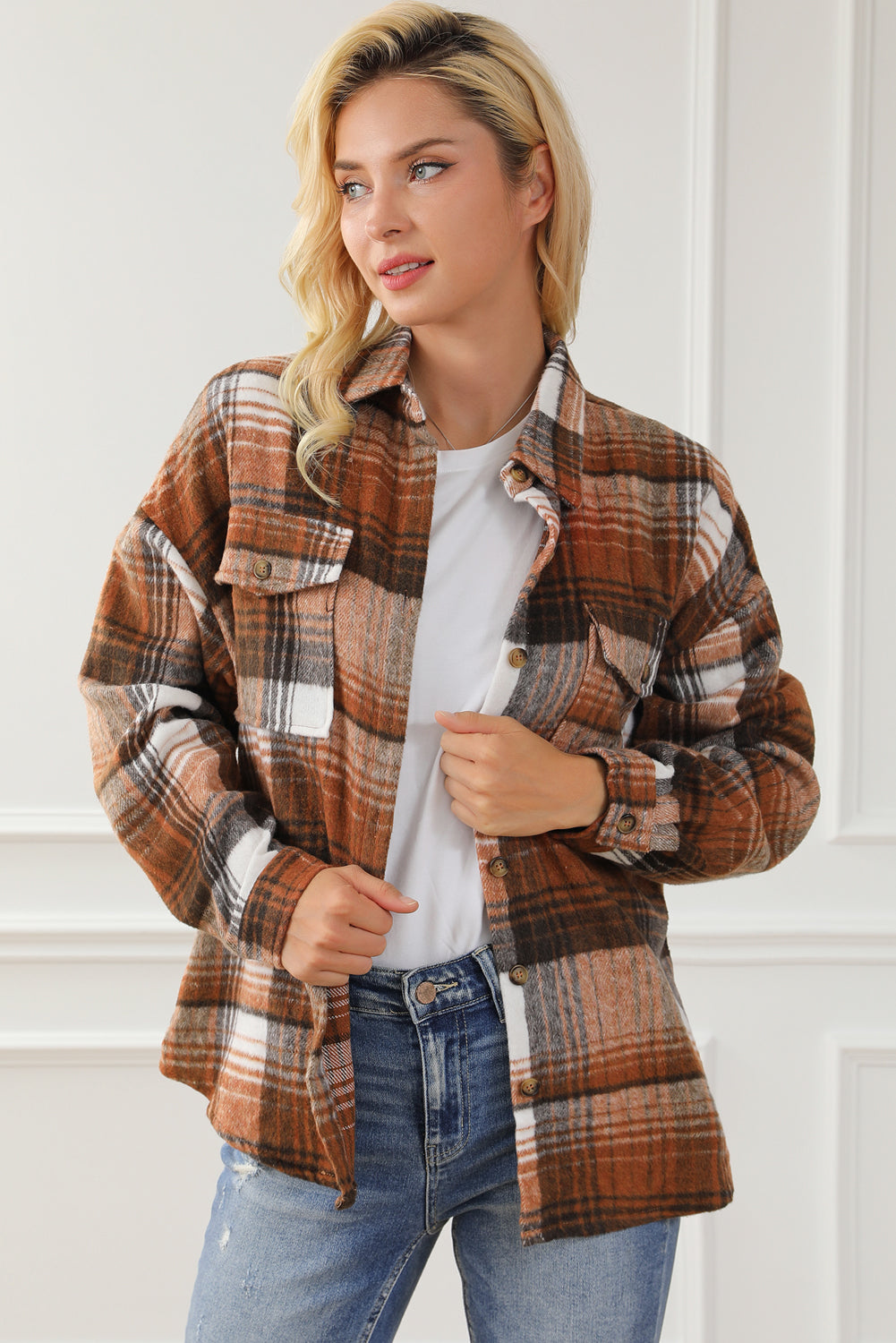 Chic brown plaid shacket with flap pockets