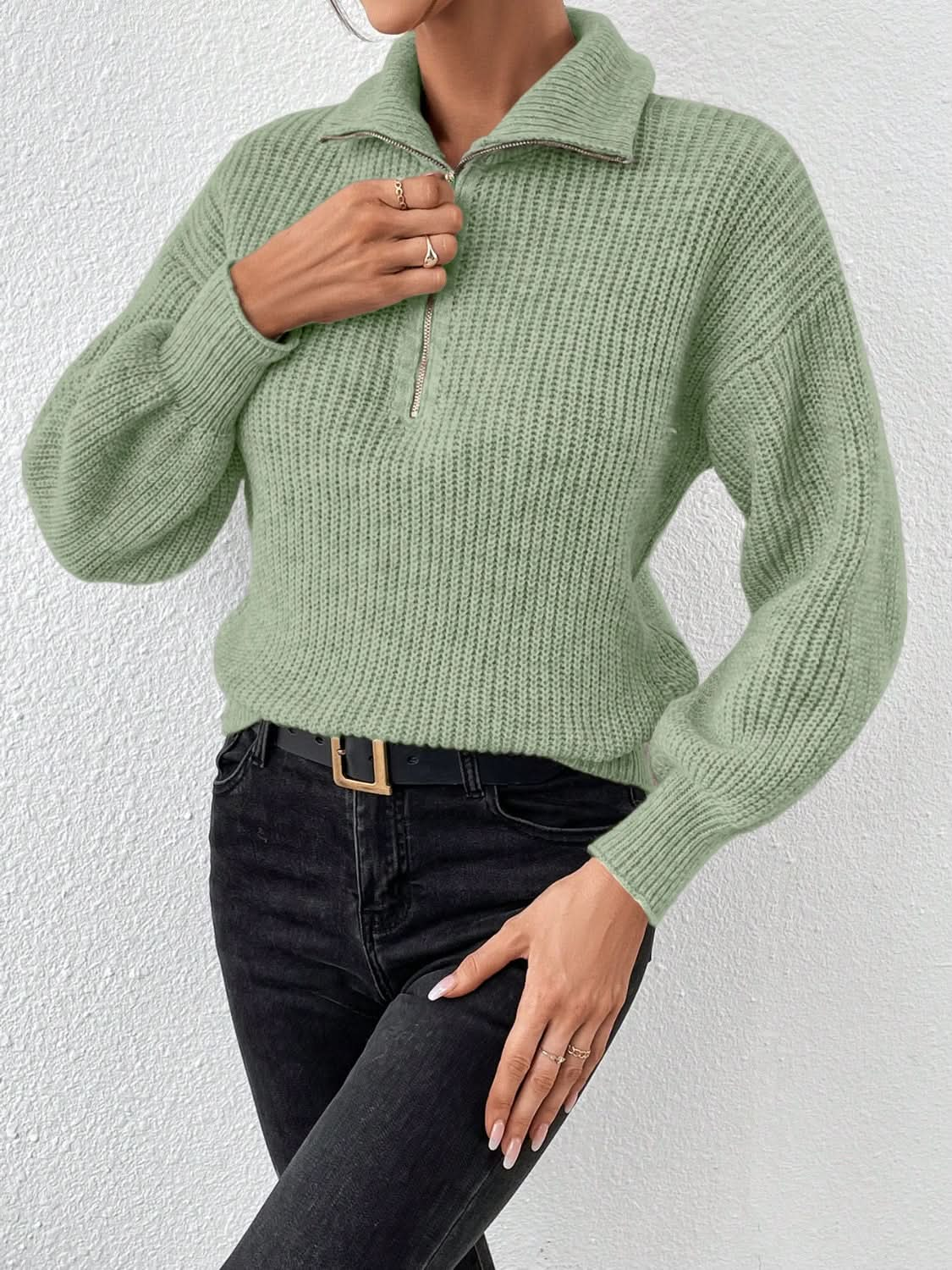 Cozy Honey Acrylic Half Zip Sweater with Dropped Shoulders