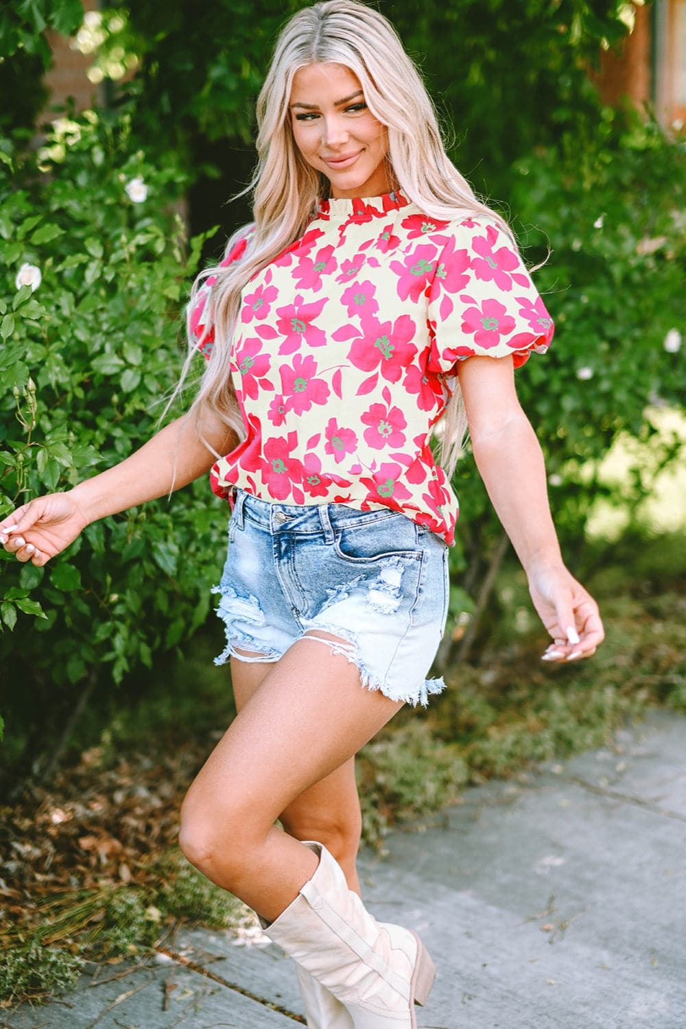 Printed Mock Neck Puff Sleeve Blouse.