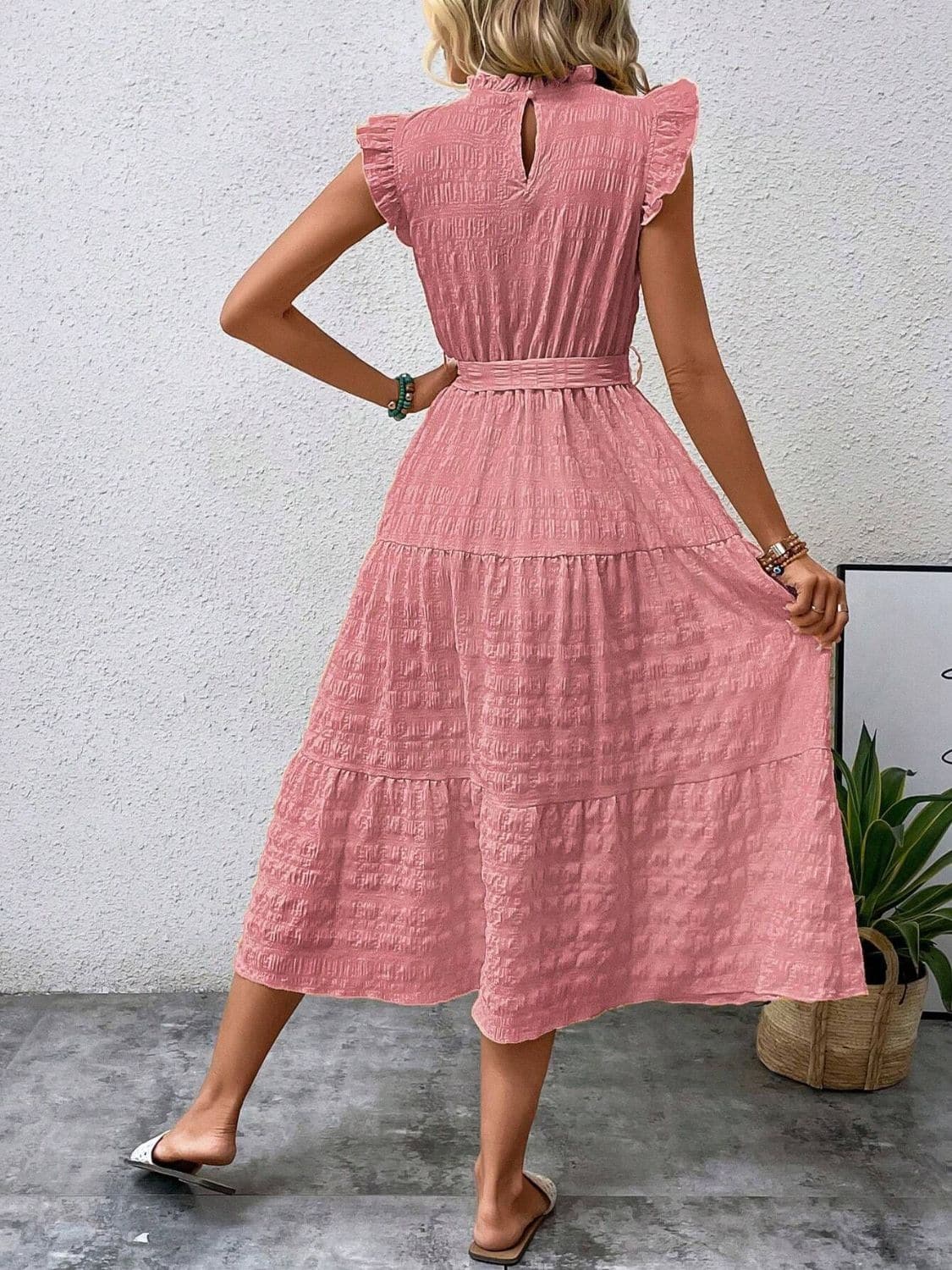 Tied Ruffled Cap Sleeve Midi Dress.