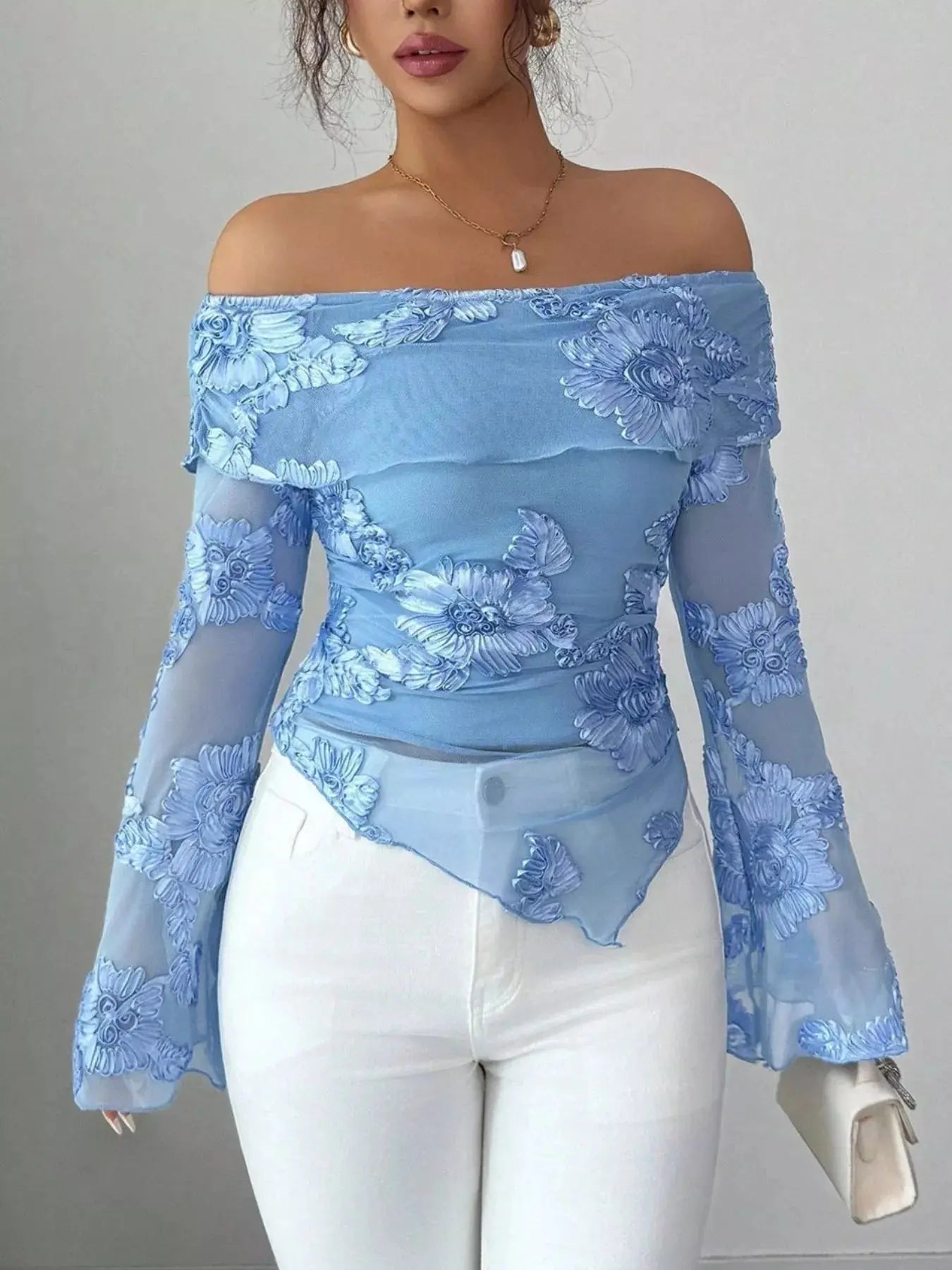 Floral Off-Shoulder Mesh Blouse Simply Love