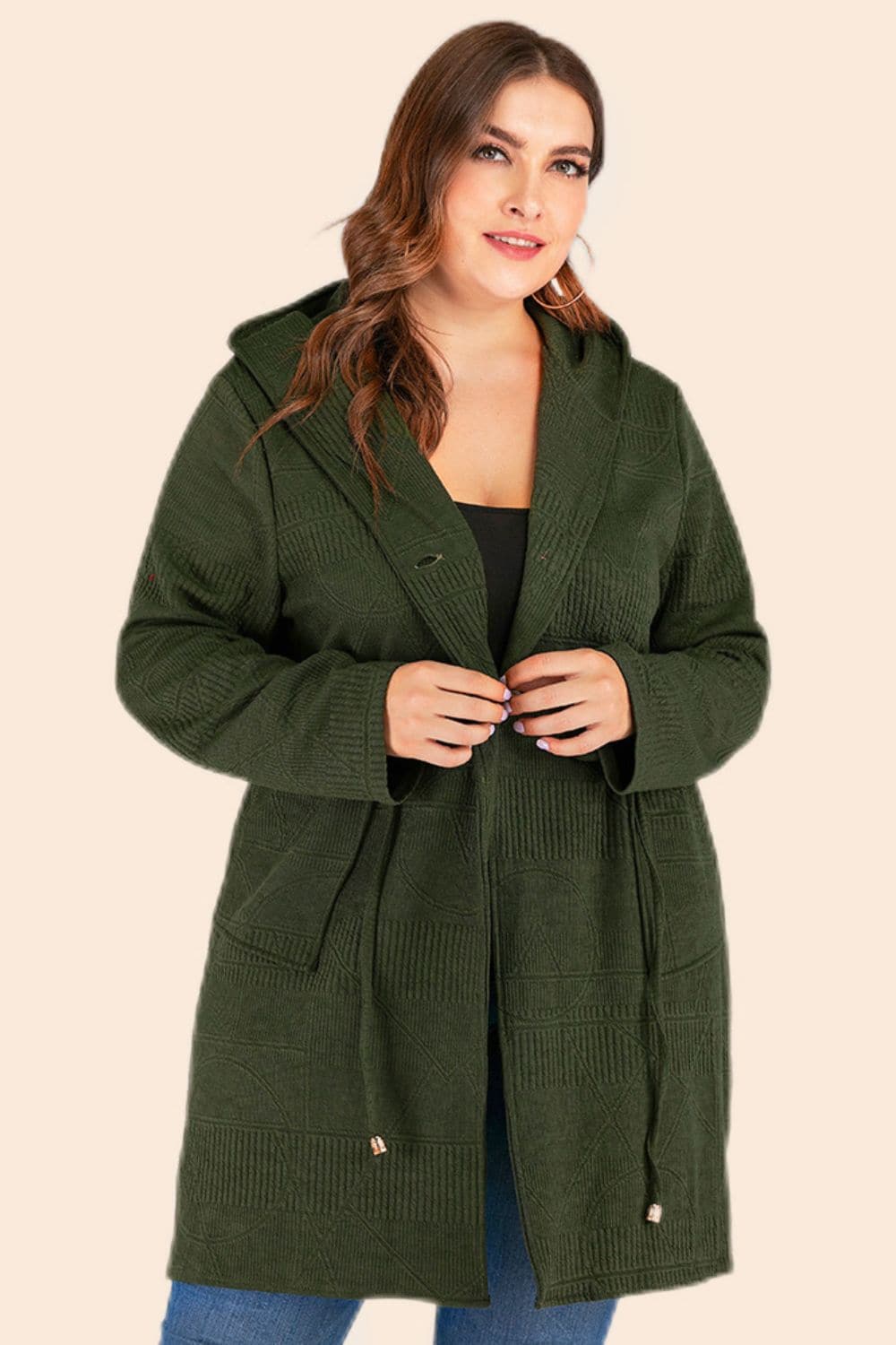 Plus Size Drawstring Waist Hooded Cardigan with Pockets.