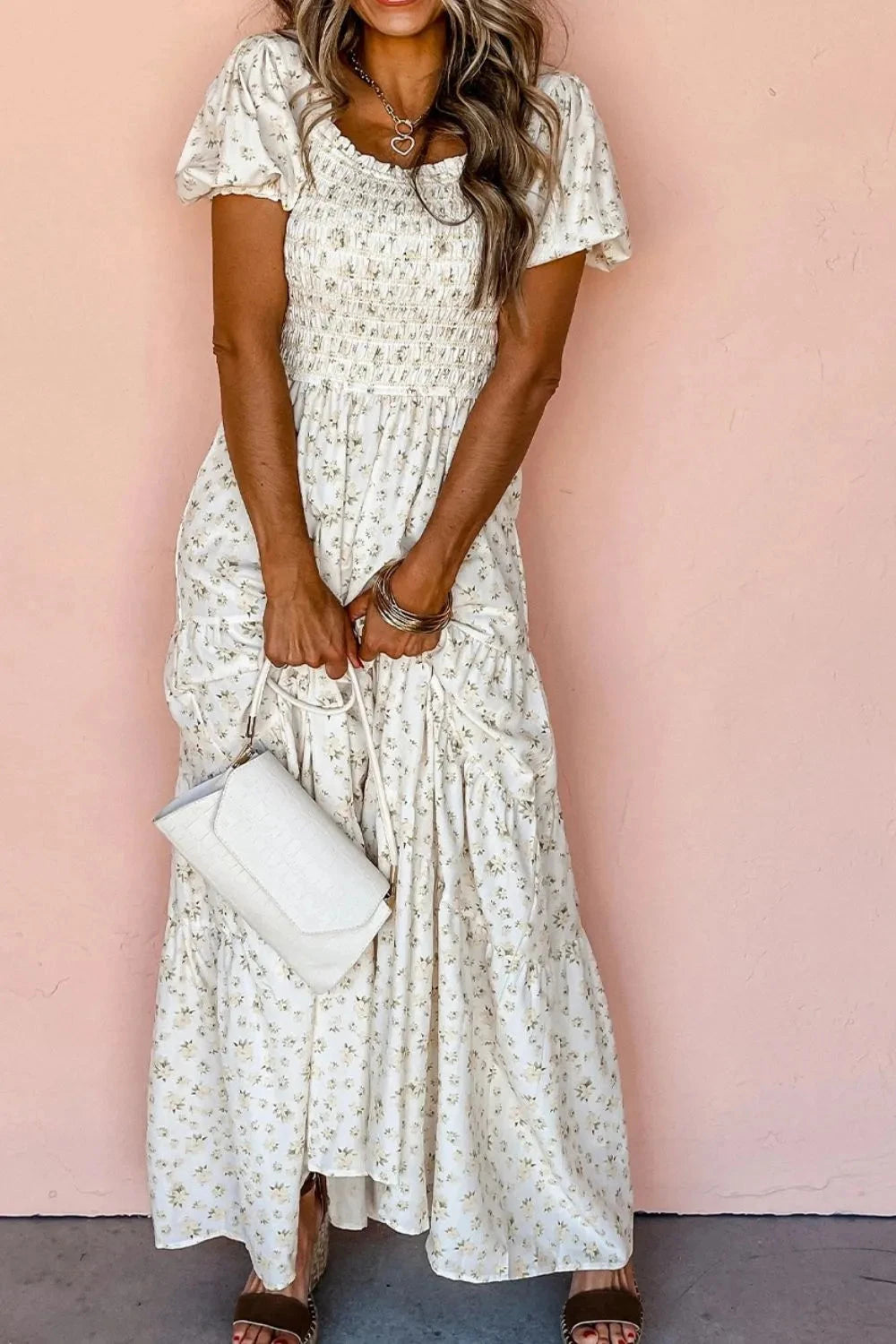Floral Smocked Short Puff Sleeve Maxi Dress Simply Love