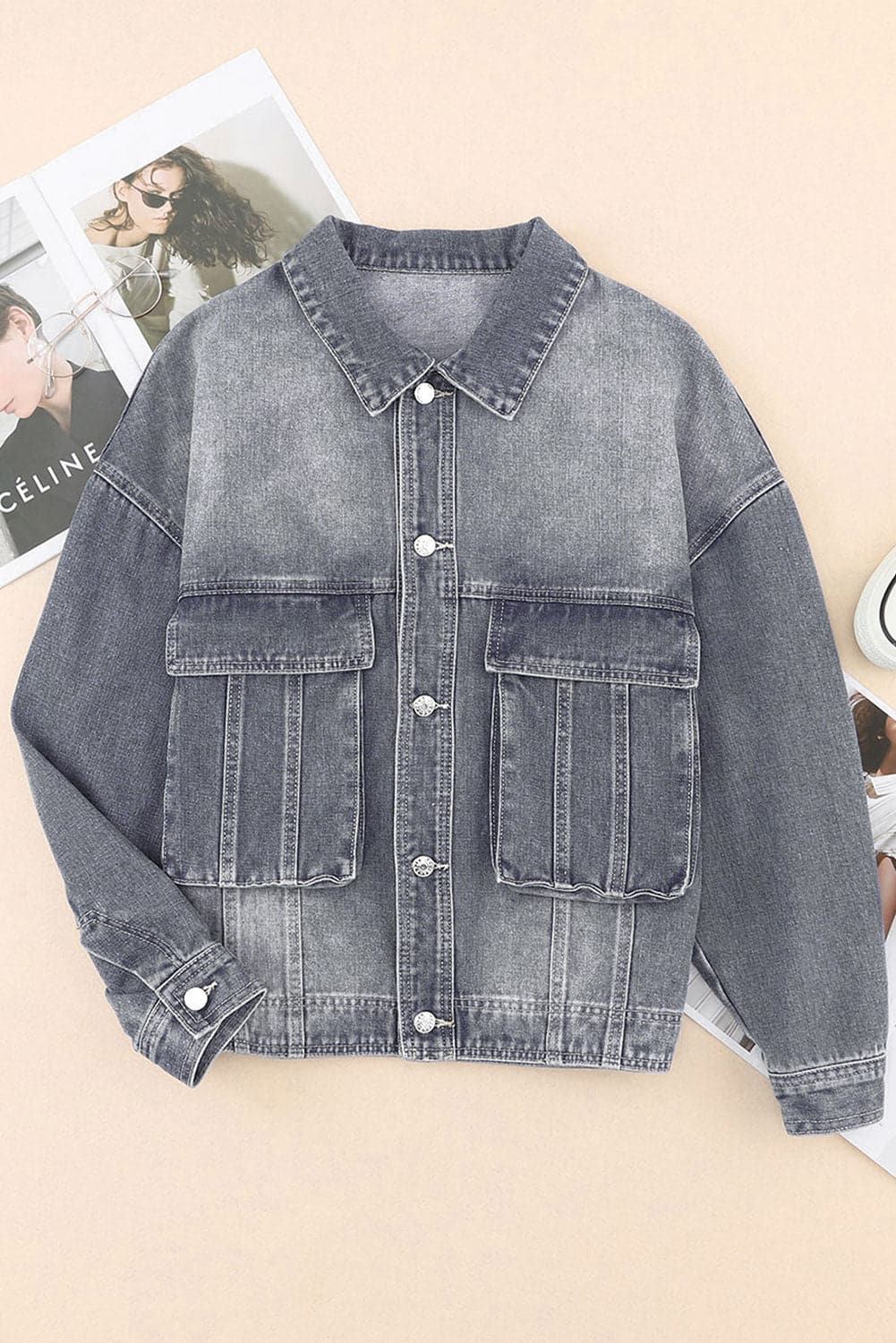 Button Up Dropped Shoulder Denim Jacket with Pockets.