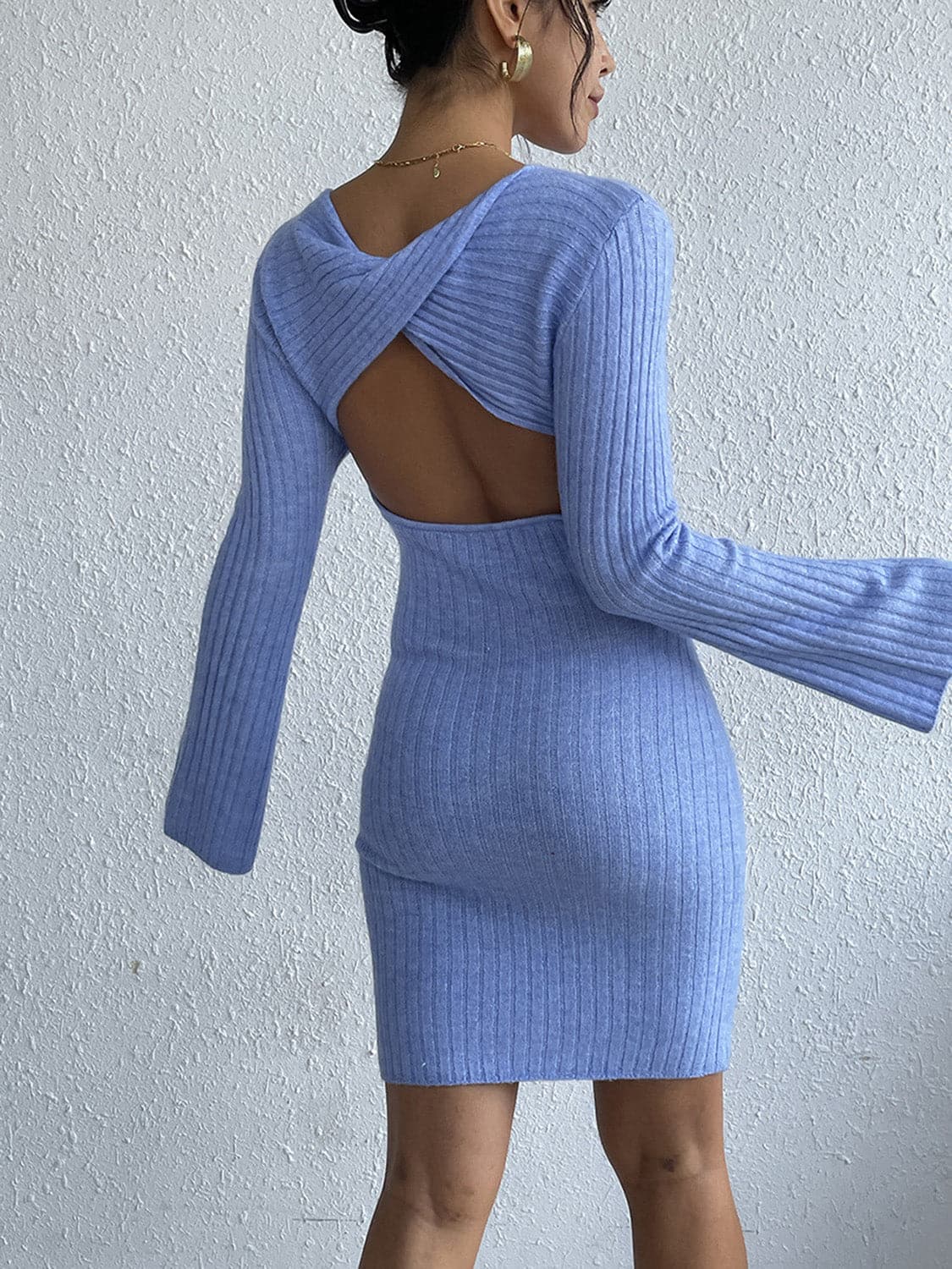 Backless Round Neck Long Sleeve Sweater Dress.