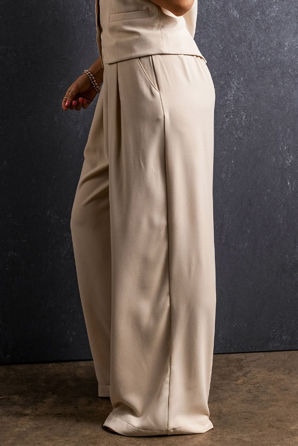 Ruched High-Waisted Palazzo Pants with Functional Pockets