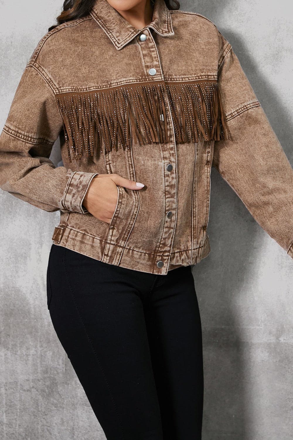 Fringe Trim Snap Down Denim Jacket.