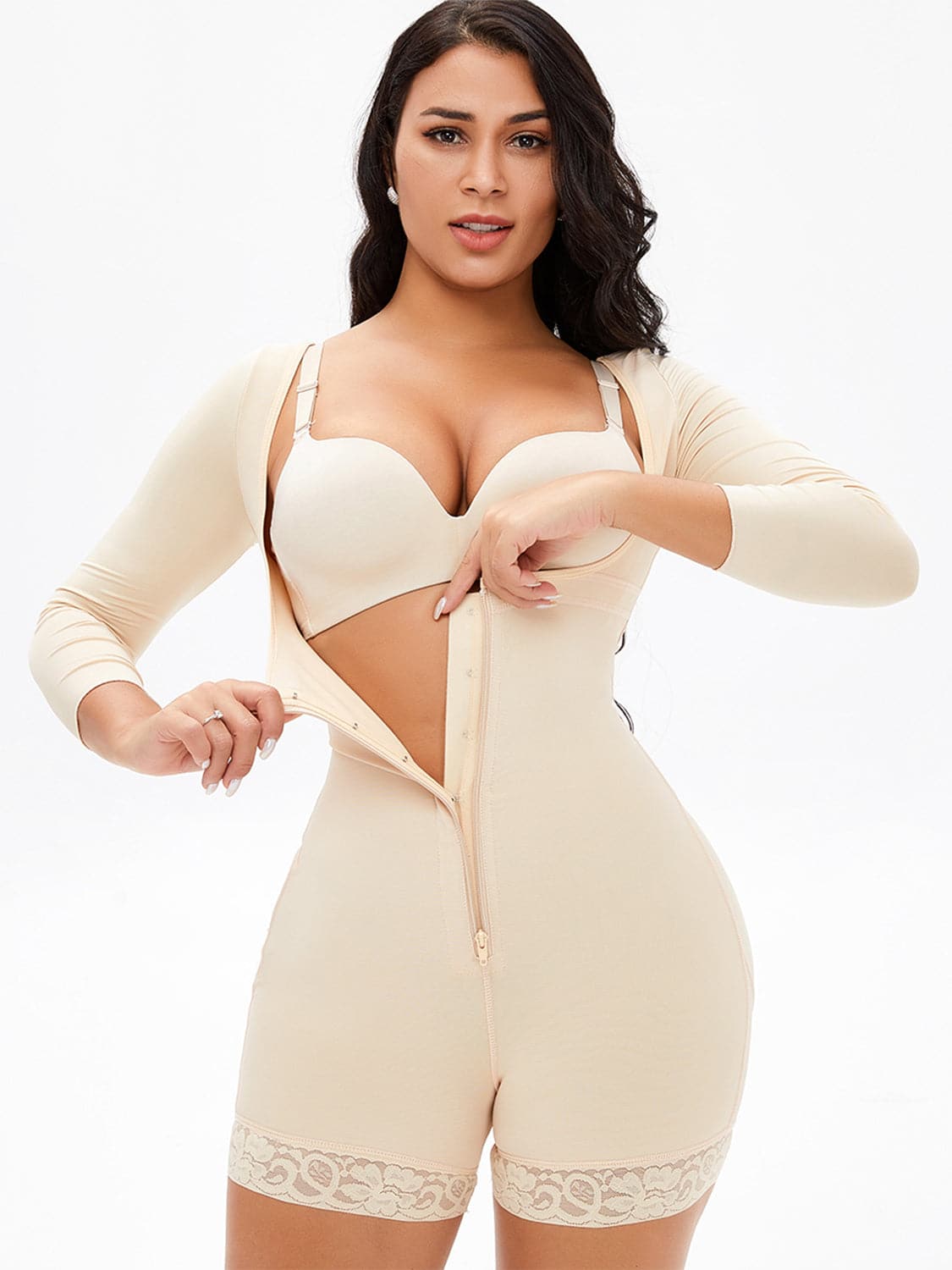 Full Size Zip Up Lace Detail Long Sleeve Shapewear.