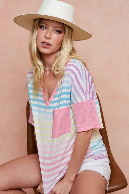 BiBi Rainbow Stripe Printed Triblend Knit Top - Love Salve 