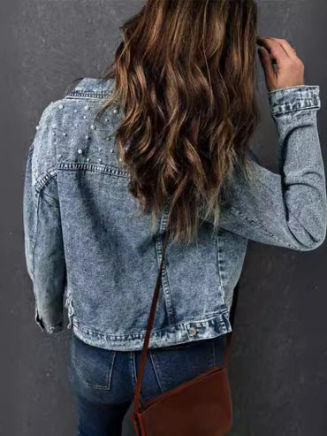 Full Size Pearl Detail Button Up Long Sleeve Denim Jacket Plus Size
