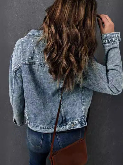 Full Size Pearl Detail Button Up Long Sleeve Denim Jacket Plus Size