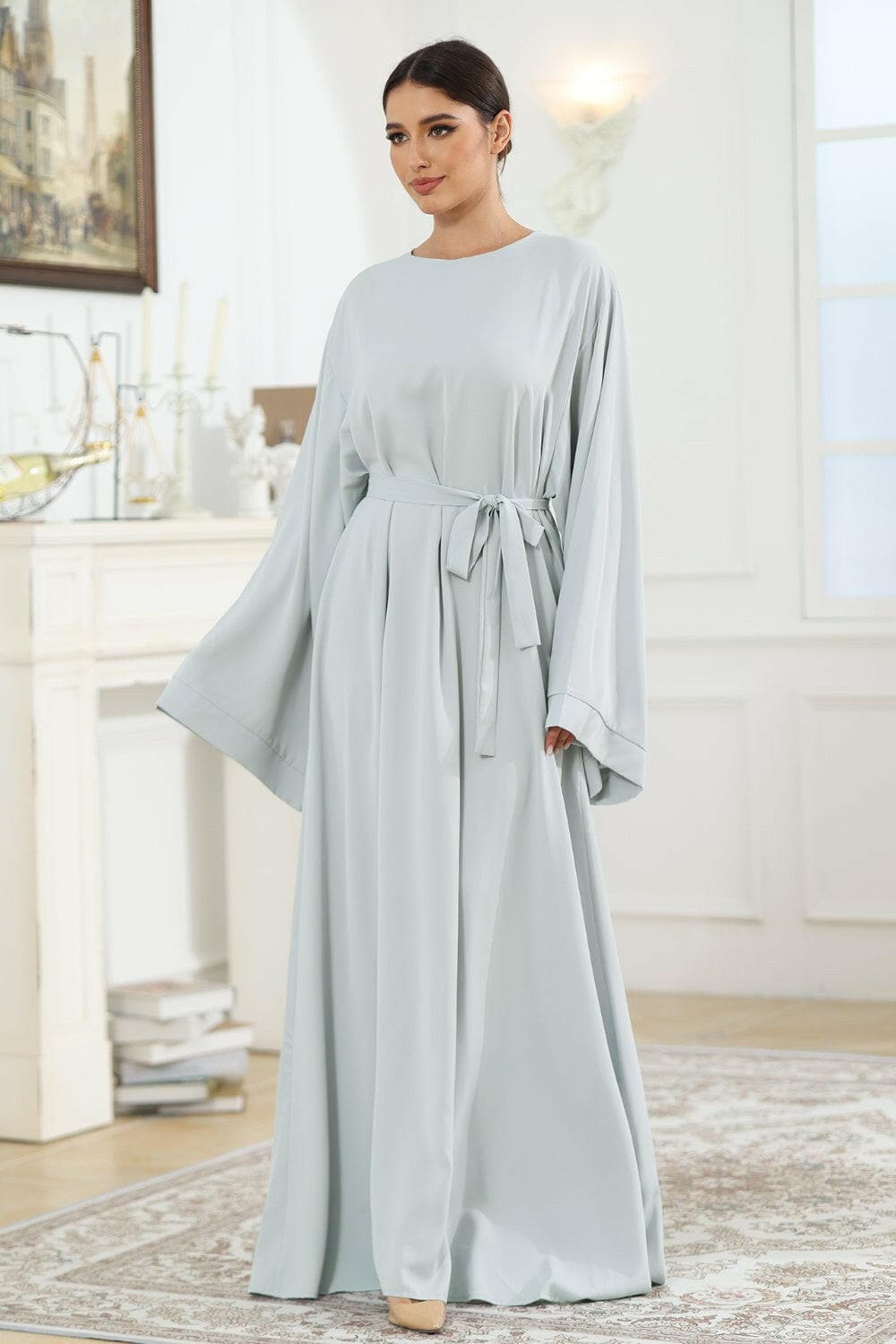 Round Neck Kimono Sleeve Tie Waist Dress.