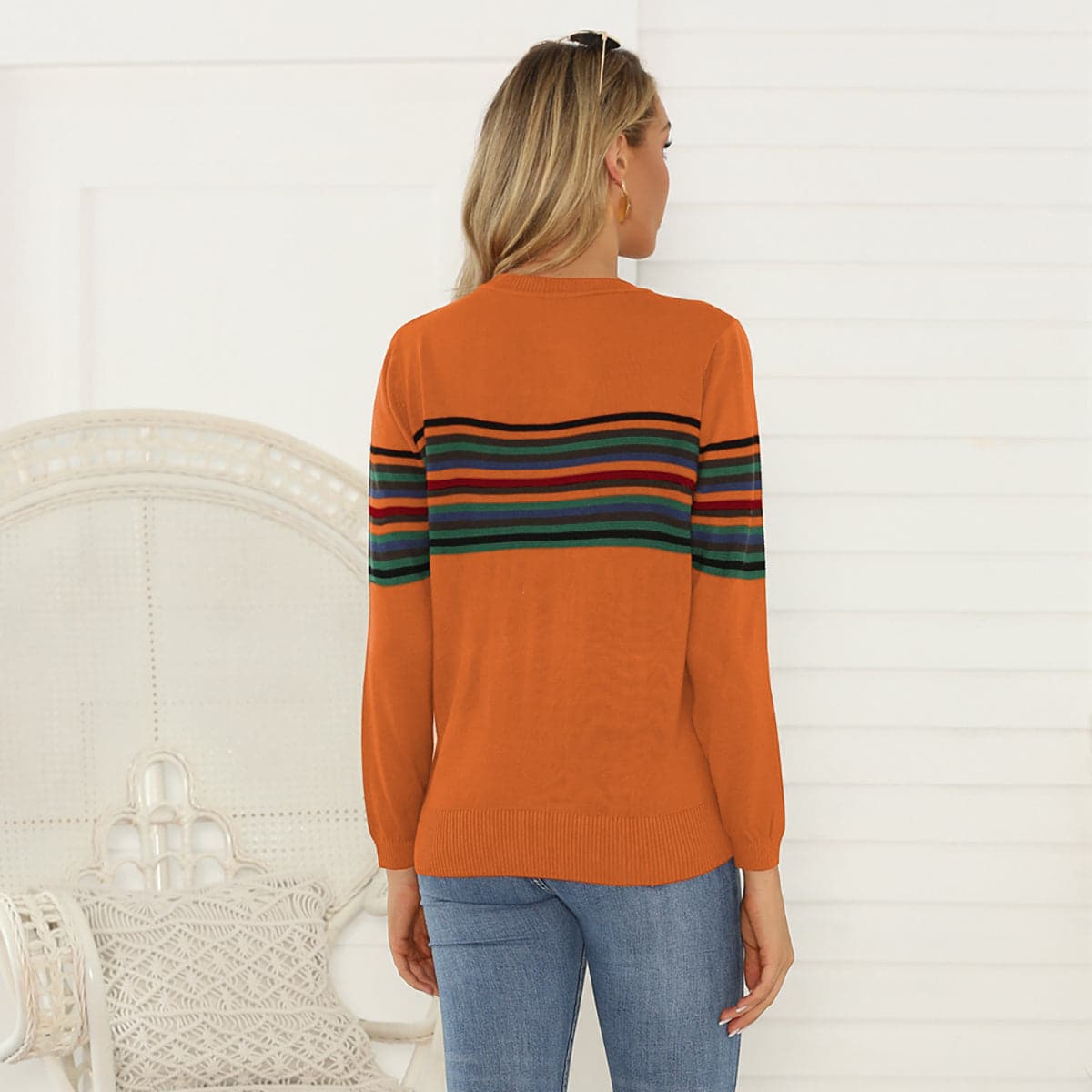 Striped Round Neck Long Sleeve Sweater.