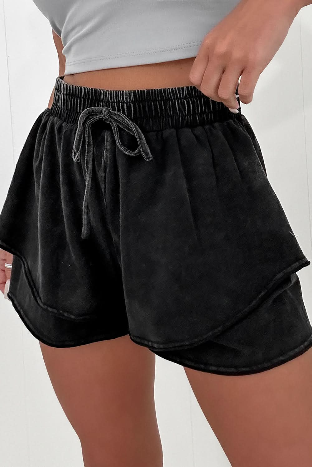 Chic Black Mineral Wash High-Waisted French Terry Casual Shorts