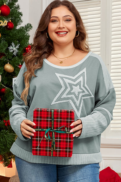 Mist green starry patchwork plus size t-shirt with round neckline