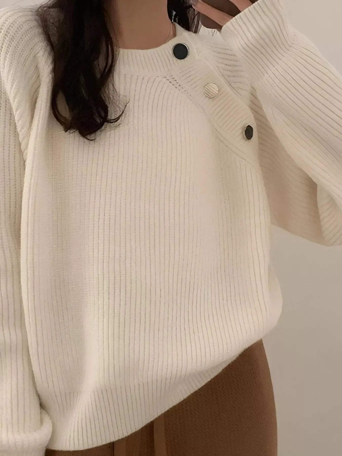 Button-Decorated Round Neck Sweater Simply Love