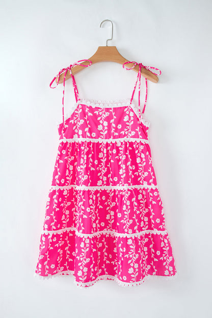 Mina Ric Rac Patched Sleeveless Mini Dress with Floral Print and Tie Shoulder Design - Love Salve 
