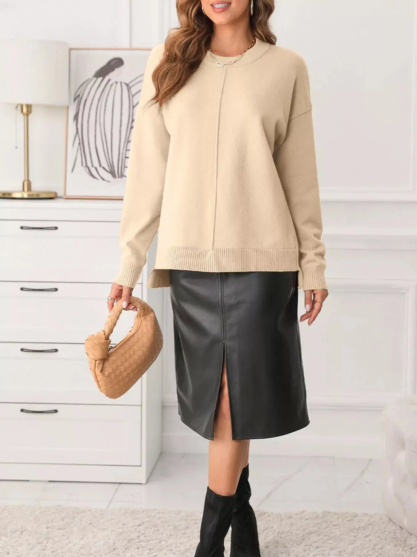 Front Center Seam Drop Shoulder Solid Sweater Simply Love