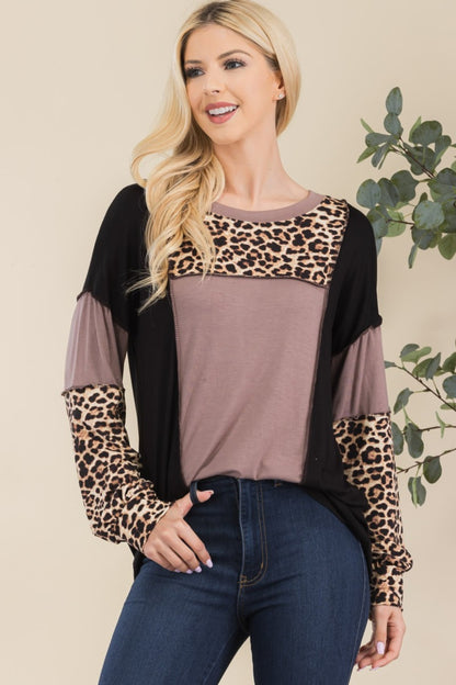 Celeste Plus Size Leopard Print Color Block T-Shirt with Exposed Seams