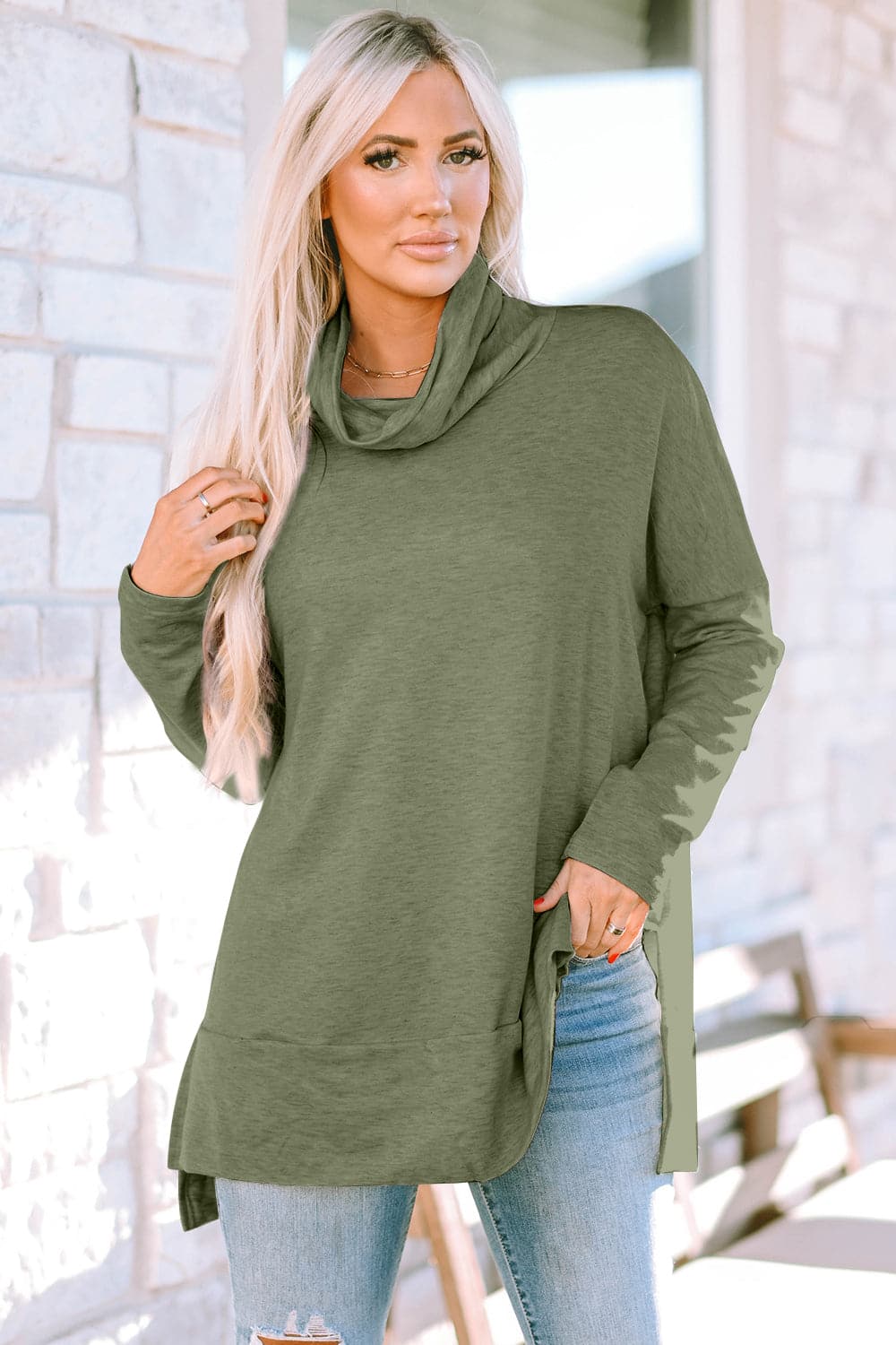 Cowl Neck Long Sleeve Slit Blouse.