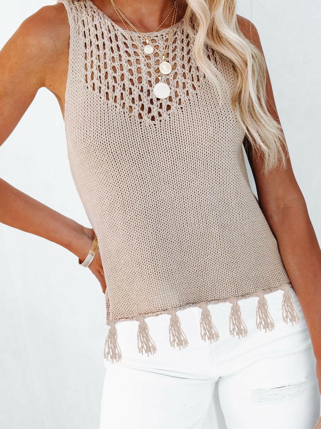 Cutout Tassel Round Neck Tank.