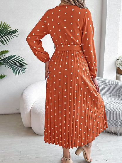 Tied Polka Dot Long Sleeve Midi Dress.