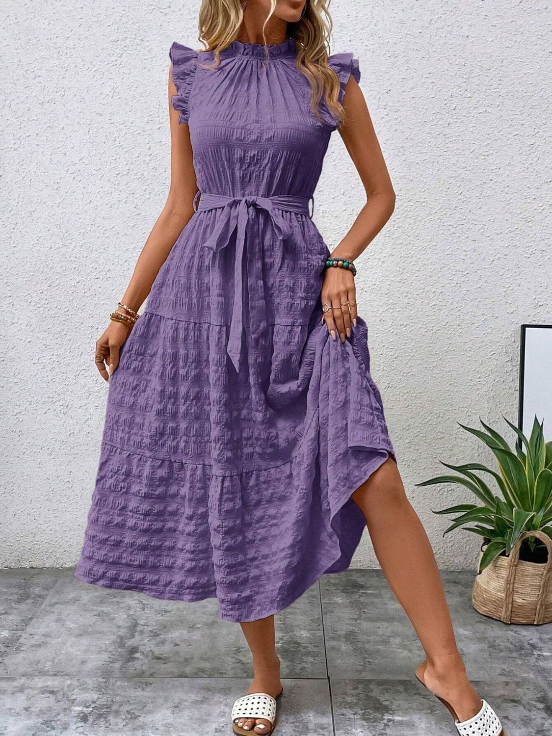 Tied Ruffled Cap Sleeve Midi Dress.