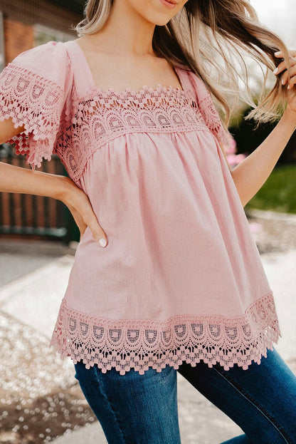 Lace Detail Square Neck Short Sleeve Blouse.