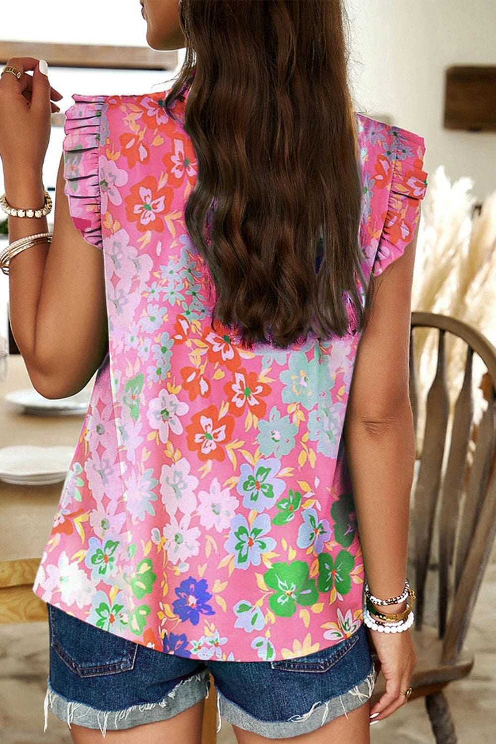 Ruffled Printed Mock Neck Cap Sleeve Blouse.