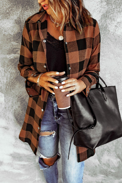 Chic brown plaid shirt coat with turn-down collar