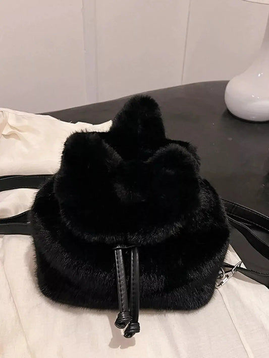 Fuzzy Plush Drawstring Backpack Bag Simply Love