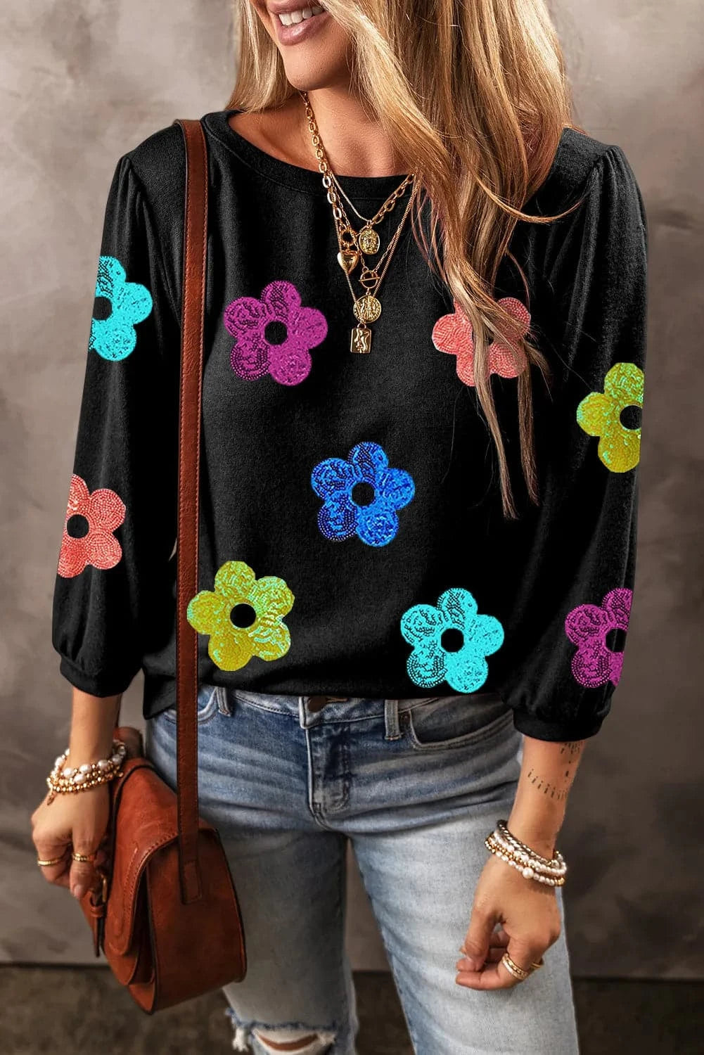 Sequin Flower Round Neck Blouse.