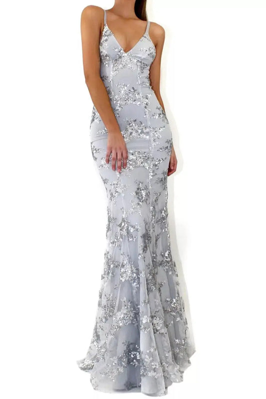 Full Size Sequin Tie Back V-Neck Maxi Dress Plus Size Simply Love