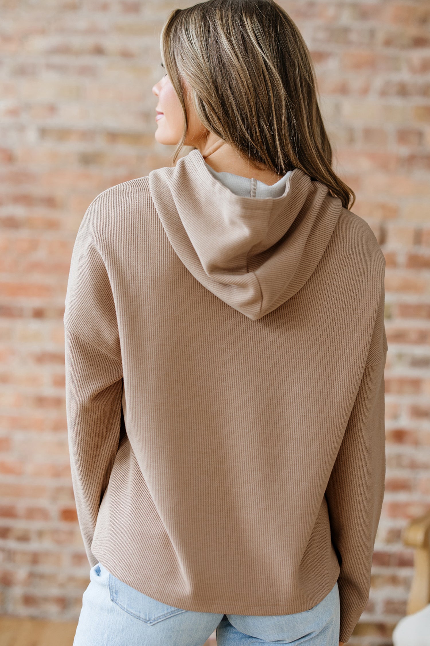 Dear-Lover Dropshipping baggy hoodie detail: textured thermal fabric and lace drawstring close-up.