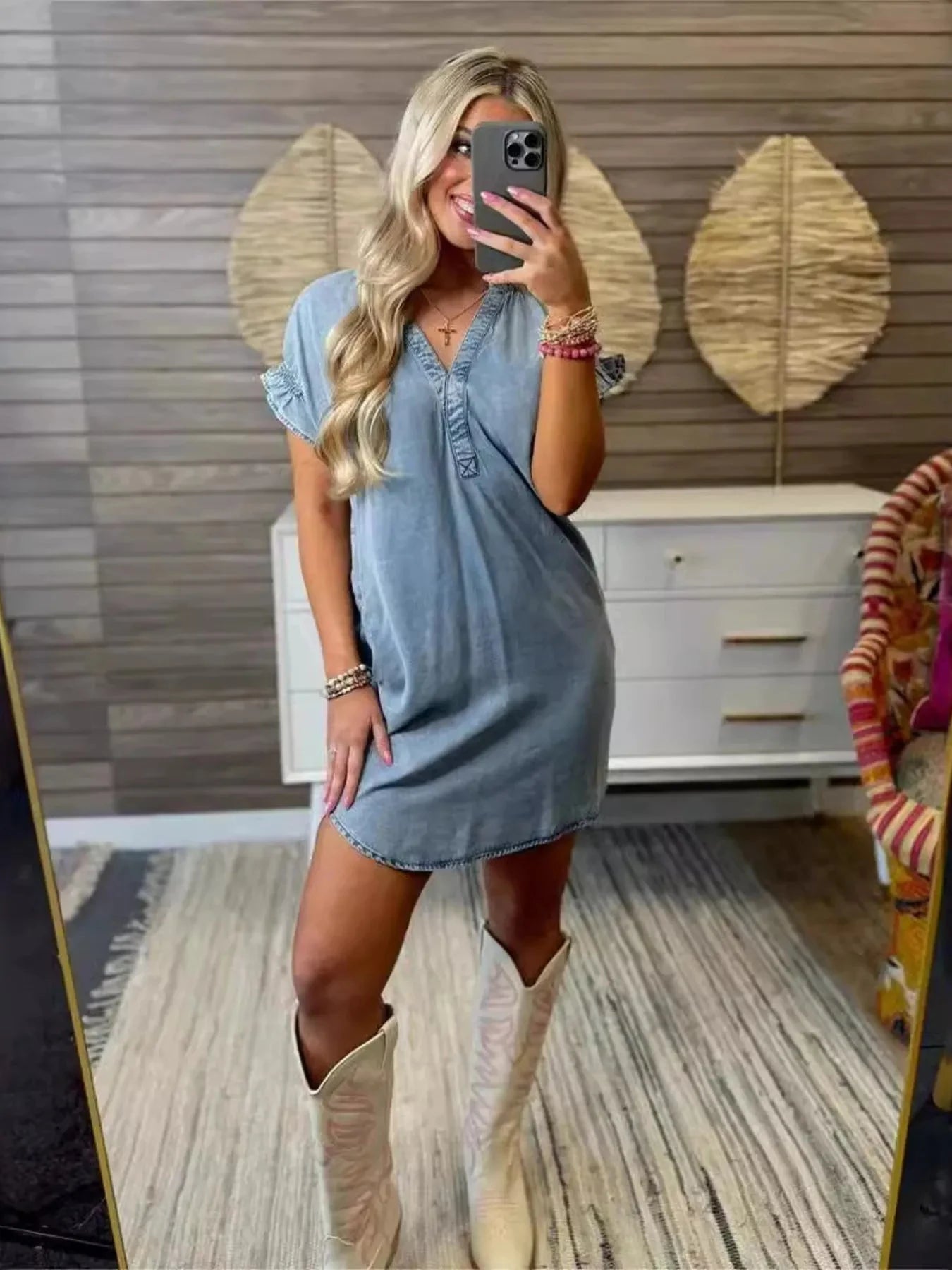 Full Size V-Neck Short Sleeve Denim Dress Plus Size Coco’s Tee Boutique