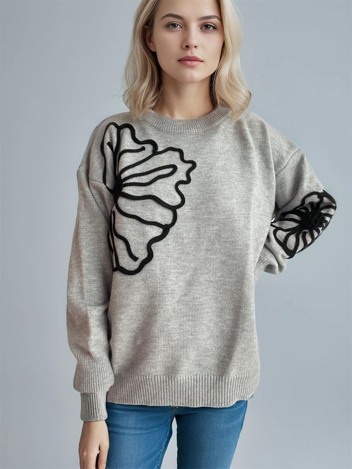 Flower Round Neck Long Sleeve Sweater