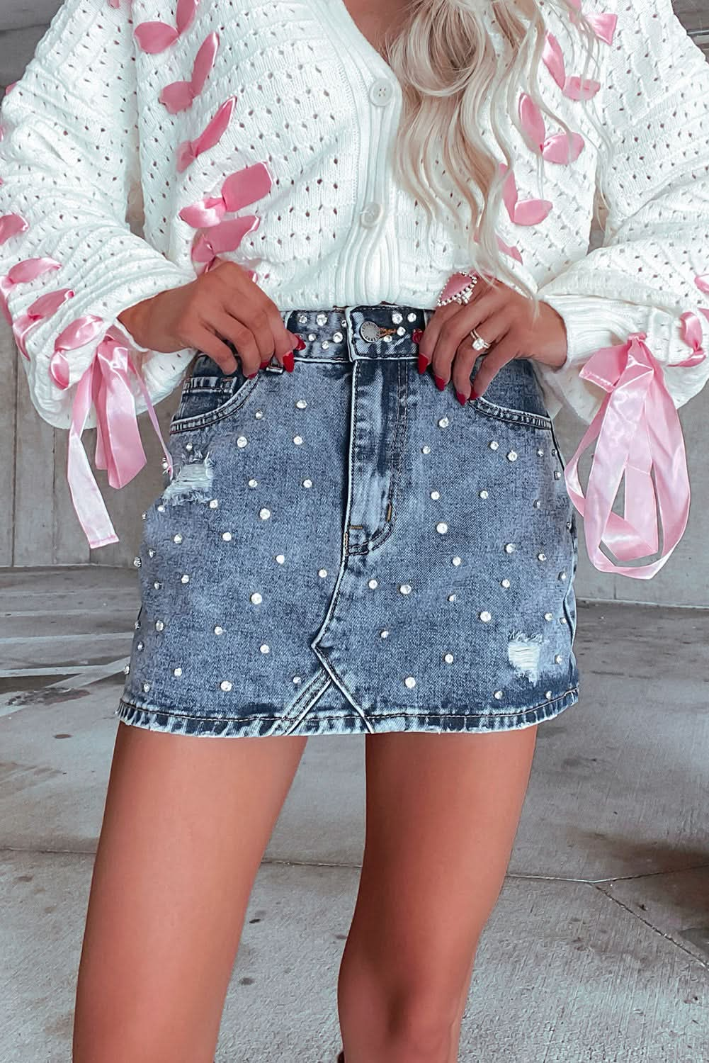 Dusk Blue Distressed Denim Mini Skirt with Rhinestone Accents