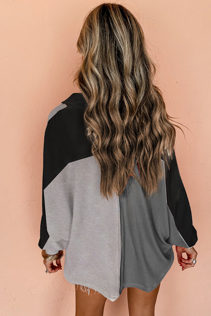 Gray colorblock oversized sweatshirt with collared neckline and button detail